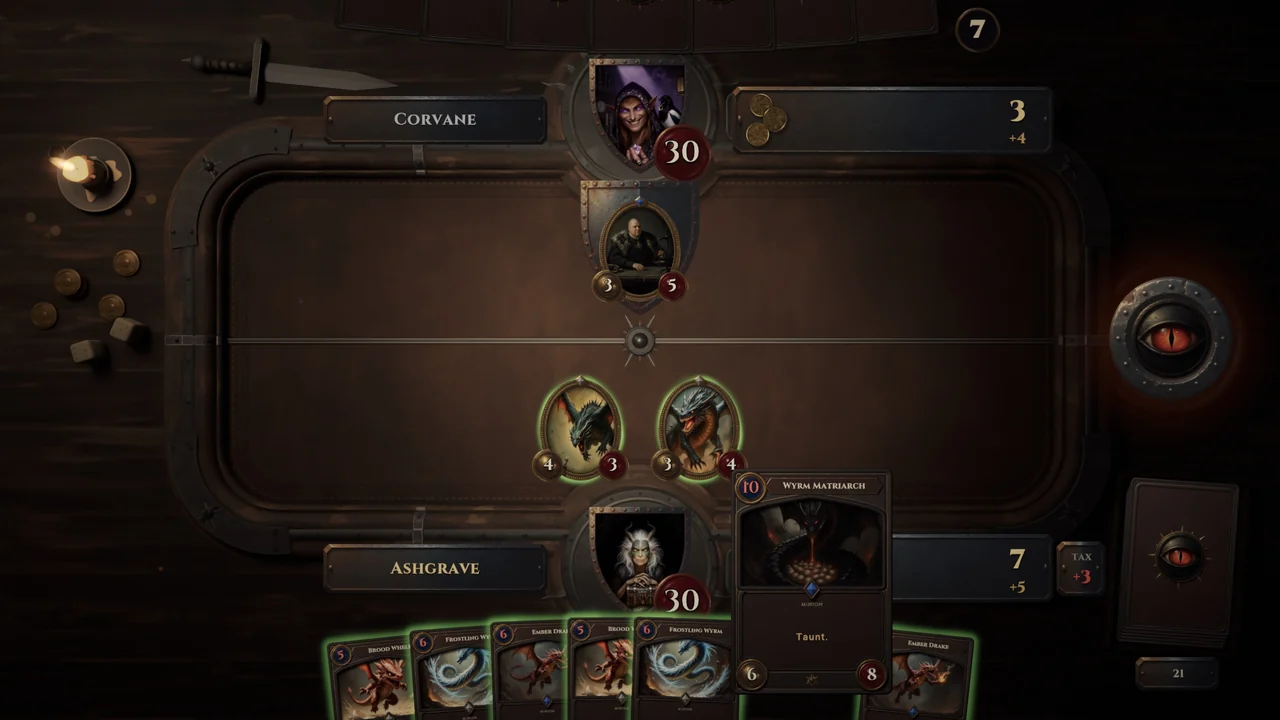 Their turn: 7 coin in their purse under a tax of 3, and the Wyrm Matriarch in their hand costing 10, the one card there they can't afford.
