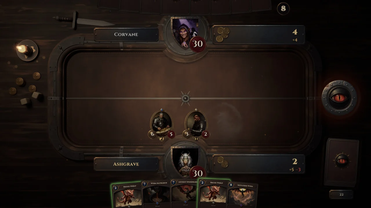 The start of your turn: two sellswords paid, your purse down to 2, and an empty space where the 9/9 you couldn't pay stood.